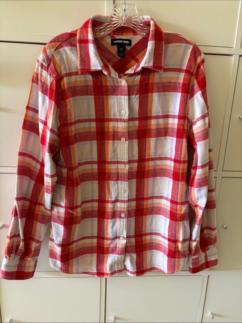 Lands' End Red and White Plaid Button-Down Shirt